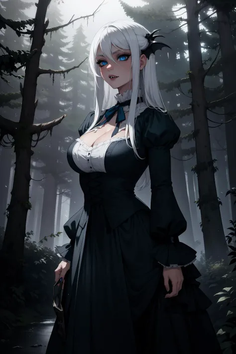(highres,absurdres,incredibly absurdres,huge filesize,Volumetric Lighting,moody lighting),
(forest, fog, night),
(1girl, vampire, victorian dress, white hair, blue eyes),