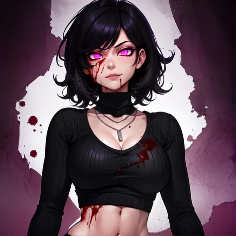 (1girl),solo,upper body,Highly detailed,High Quality,highres,highly detailed face,highly detailed eyes,medium hair,black hair,messy hair,glowing purple eyes,smug,blood,bloody,crop top sweater,breasts showing,necklaces,medium breasts,navel,(bloody background),dark,dark lighting,