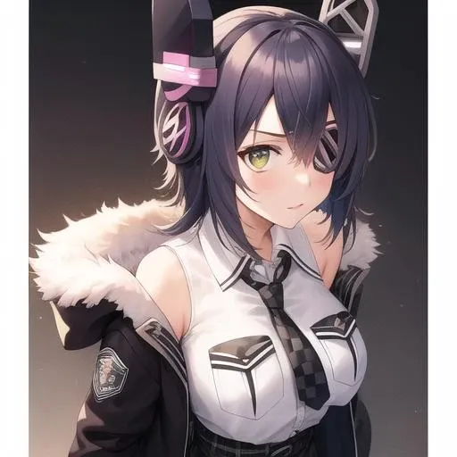 (masterpiece, best quality:1.2),illustration,8k,hd,1girl,solo,upper body,(portrait:1.2),short hair,black jacket,black skirt,black thighhighs,breast pocket,checkered necktie,collared shirt,fur-trimmed jacket,fur trim,headgear,high-waist skirt,pleated skirt,pocket,sleeveless shirt,white shirt,open jacket,eyepatch,<lora:Tenryuu(kan)>,