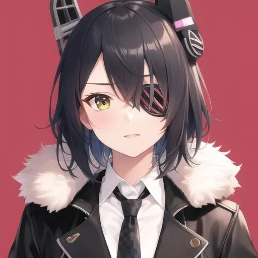 (masterpiece, best quality:1.2),illustration,8k,hd,1girl,solo,upper body,(portrait:1.2),black hair,short hair,black jacket,black hair,black skirt,black thighhighs,breast pocket,checkered necktie,collared shirt,fur-trimmed jacket,fur trim,headgear,high-waist skirt,pleated skirt,pocket,sleeveless shirt,white shirt,open jacket,eyepatch,<lora:Tenryuu(kan)>,
