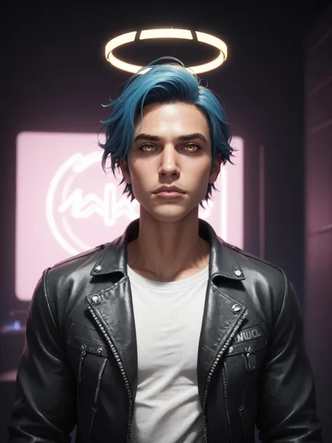 1boy, male focus, solo, animal ears, blue hair, 1boy, male focus, jacket, halo effect, shirt, leather, looking at viewer, upper body, black jacket, open jacket, open clothes, yellow eyes, closed mouth, white shirt, sidelighting, neon lighting, neon halo, DynaPortrait_PDXL BREAK PonyXLV6_Scores