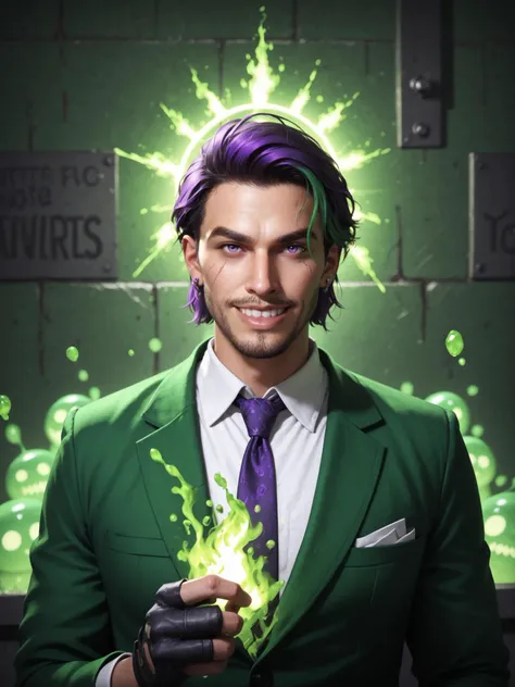 male focus, 1boy, facial hair, solo, beard, smile, gloves, green hair, two tone hair, multicolored hair, black hair, purple hair, white shirt, looking at viewer, black gloves, grin, jewelry, collared shirt, jacket, formal, mature male, necktie, purple eyes, necklace, depth of field, suit, prison clothes, upper body, scar, holding, fingerless gloves, earrings, white shirt, magic, green fire, flames, green theme, neon, green, slime tutorial, beetlejuice inspired, underworld vibes, realistic, liminal horror, slime (substance), sidelighting, neon halo wall projection, DynaPortrait_PDXL BREAK PonyXLV6_Scores