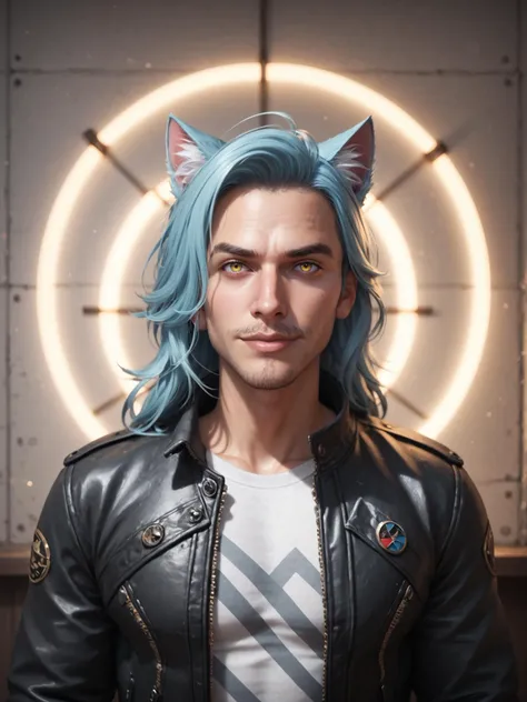 1boy, male focus, solo, cat ears, pastel light blue hair, jacket, long hair, stubble, facial hair, smirk, shirt, leather, looking at viewer, upper body, black jacket, biker jacket patches, open jacket, open clothes, yellow eyes, closed mouth, white shirt, sidelighting, neon halo wall projection, DynaPortrait_PDXL BREAK PonyXLV6_Scores