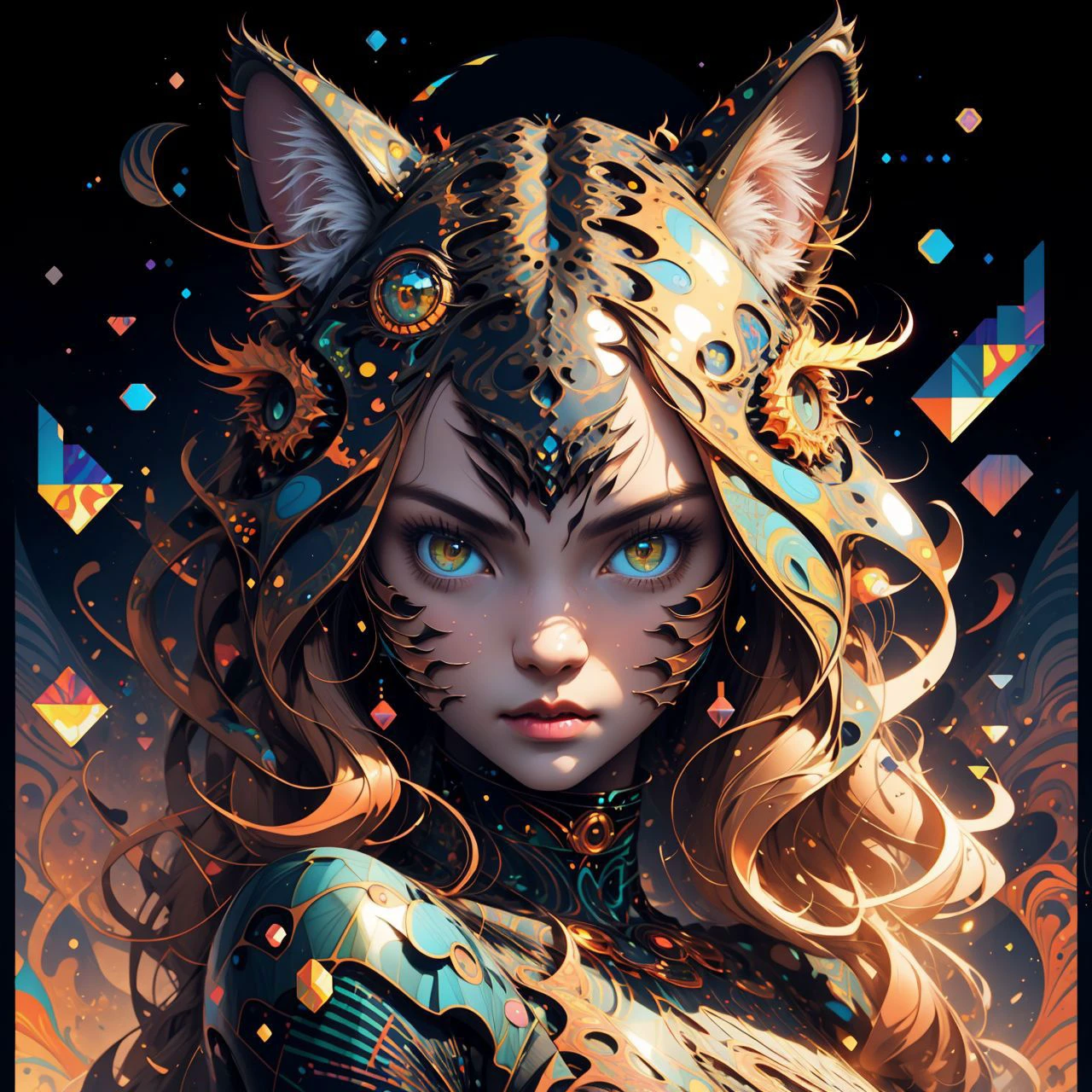 cat girl, tessellated, topographic style, psychedelic, highly detailed, sharp focus, fractal, <lora:butterfly:0.6>, <lora:Fault_art:0.6>