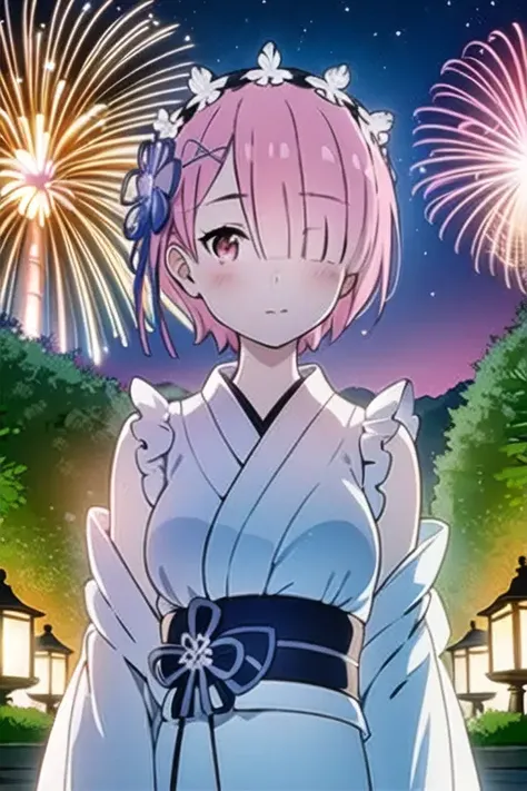 ultra realistic details, (8k, RAW photo, best quality, masterpiece:1.2), (finely detailed beautiful eyes: 1.2), ((1girl)), ((solo)), (yukata:1.4) , (walk:1.2), breast, (finely detailed eyes and detailed face:1.3), (beautiful and clear background:1.2), (extremely detailed CG, ultra-detailed, best shadow:1.1), ((depth of field)), (watercolor), large breasts, bare shoulders, flowers and petals, beautiful concept illustration, (illustration:1.1), (extremely fine and beautiful:1.1), (perfect details:1.1), ram, <lora:Ram_V1:0.7>,Fireworks,night