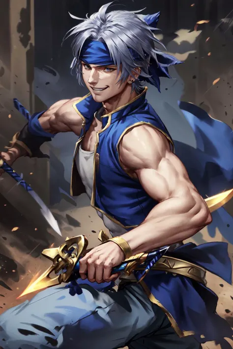 masterpiece, best quality, 1boy, solo, LockeCole <lora:LockeColeV1:0.8>, grin, sleeveless blue vest, blue headband, grey hair, holding dagger, reverse grip, action scene, dynamic pose, motion lines, slashing