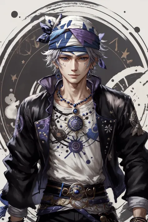 masterpiece, best quality, 1boy, solo, LockeCole  <lora:LockeColeV1:0.9>, portrait, intricate iris, black jacket, white shirt, intricate multicolored bandana, jewelry,grey hair,  looking at viewer, happy, abstract background, circle, crystal, symbols, magic circle