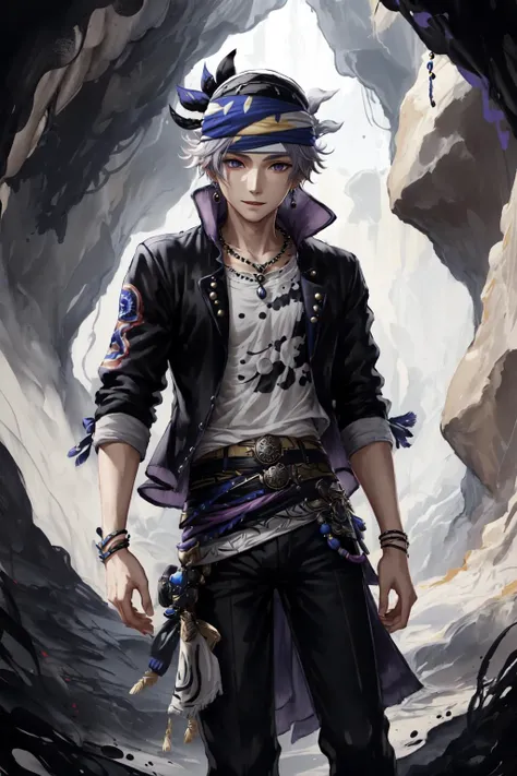 masterpiece, best quality, 1boy, solo, LockeCole <lora:LockeColeV1:0.9>, black jacket, white shirt, intricate multicolored bandana, jewelry, black pants, grey hair, looking at viewer, sheath, standing, happy, abstract background, cavern, sunbeam