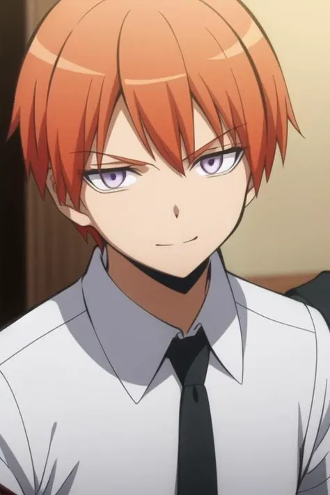 masterpiece, best quality, high quality, 1boy, solo, male focus, looking at viewer, upper body, <lora:asano_gakushuu:0.72>, asano_gakushuu, purple eyes, orange hair, school uniform, shirt, white shirt, necktie, collared shirt