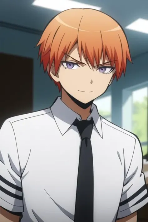 masterpiece, best quality, high quality, 1boy, solo, male focus, looking at viewer, upper body, <lora:asano_gakushuu:0.80>, asano_gakushuu, purple eyes, orange hair, school uniform, shirt, white shirt, necktie, collared shirt