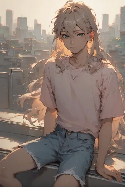 score_9, score_8_up, score_7_up, score_6_up, 1boy, solo, young boy, male focus, looking at viewer, smiles, city, sunny day,  <lora:ShenTafeiPony:1>, shentafei, long hair, denim shorts, pink t-short, sitting on asphalt, bright sun