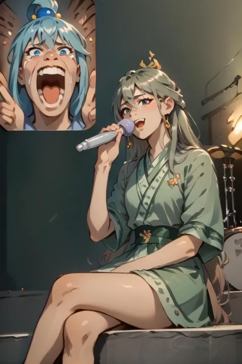 score_9, score_8_up, score_7_up, source_anime, FanScreamingMeme, open mouth, sitting, music, crossed legs, holding microphone, singing, <lora:FanScreamingAtMadisonBeer_XLPD:0.5>, screen, phone,
BREAK <lora:concept_aquascreaming_ponyXL:1> aquascreaming, screaming, open mouth, crying with eyes open, aqua \(konosuba\),
BREAK <lora:ShenTafeiPony:1> shentafei, green hanfu, long hair