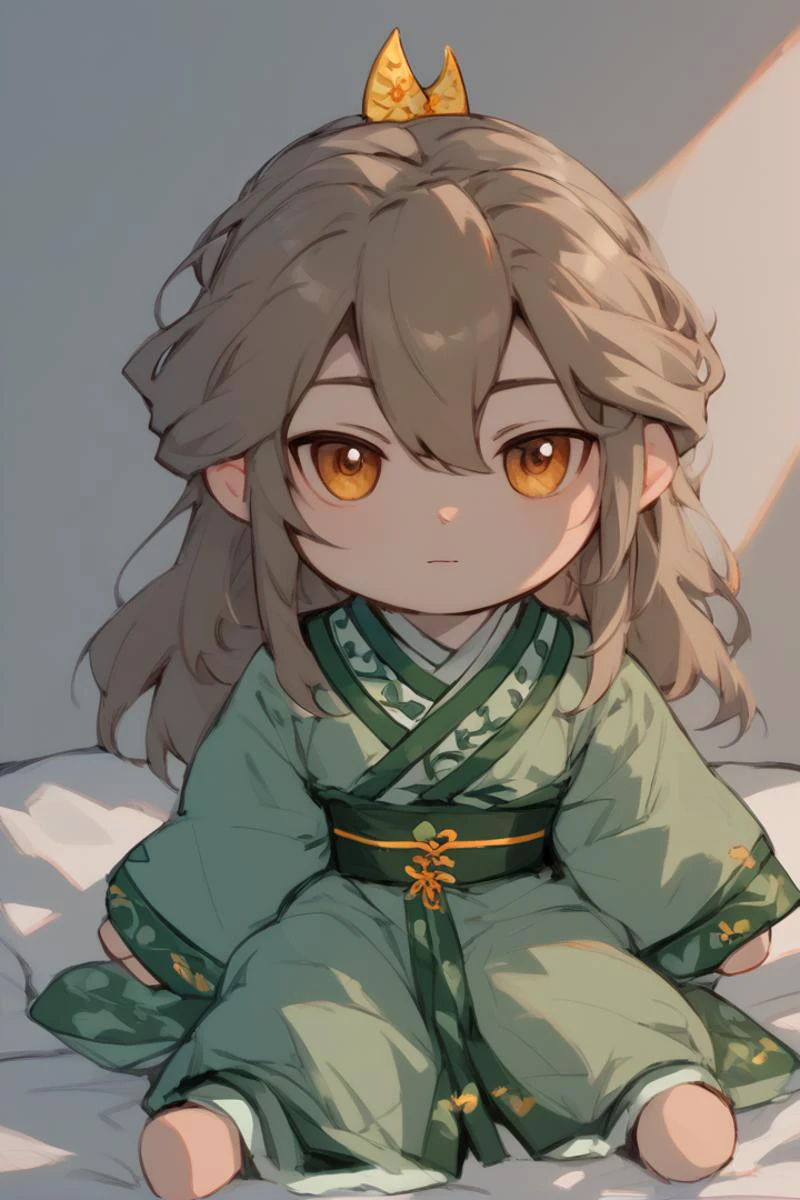 score_9, score_8_up, score_7_up, score_6_up, 1boy, solo, young boy, male focus, looking at viewer, smiles, <lora:ShenTafeiPony:1>, shentafei, green hanfu, long hair, <lora:style_toyfumo_ponyXL:0.8> fumo \(doll\), chibi, sitting