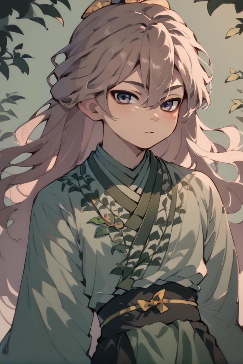score_9, score_8_up, score_7_up, score_6_up, 1boy, solo, young boy, male focus, looking at viewer, smiles, <lora:ShenTafeiPony:1>, shentafei, green hanfu, long hair, <lora:zankuroXLP6lokrV4236:0.8>