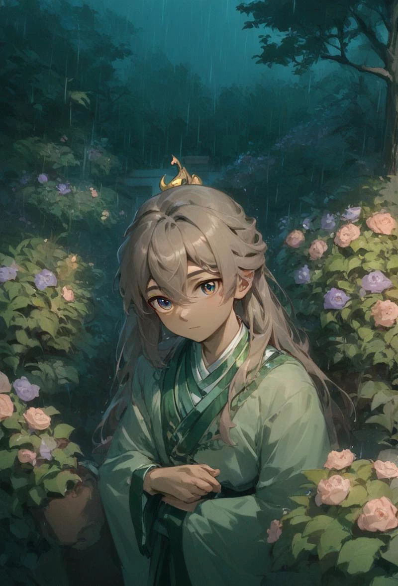 score_9, score_8_up, score_7_up, score_6_up, 1boy, solo, young boy, looking at viewer, <lora:ShenTafeiPony:1>, shentafei, green hanfu, long hair, night, garden, forest, big flower, glows flower, rain,