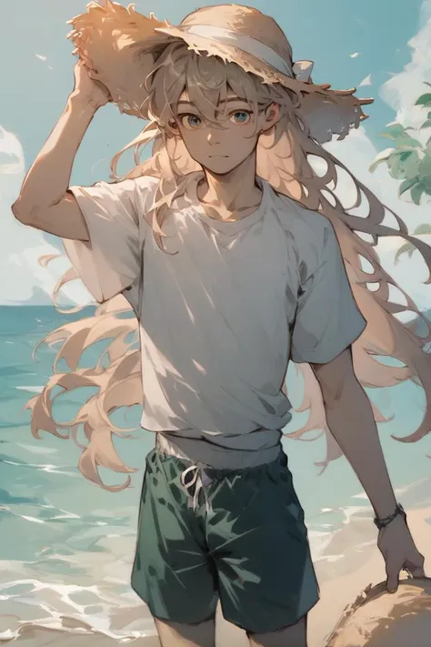 score_9, score_8_up, score_7_up, score_6_up, 1boy, solo, young boy, male focus, looking at viewer, smiles, <lora:ShenTafeiPony:1>, shentafei, long hair, beach, summer, straw hat, swimming trunks, shirt