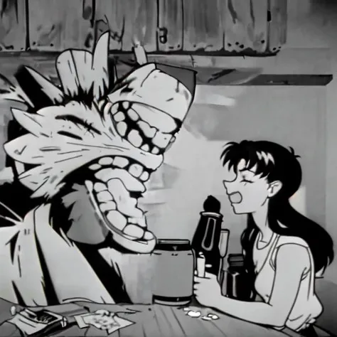 high quality, masterpiece, high res, angel, upper body, black and white, monochrome, film grain, wacky, drunk, <lora:evangelion_anime_style_offset:1>