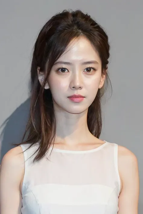 masterpiece, best quality, ultra-detailed, ultra high res, (photorealistic:1.4), raw photo, (realistic:0.2), 8k HDR, realistic lighting, 1girl, solo, looking at viewer, asymmetrical hair, (detailed oily skin), (detailed face), (simple gray background :1.1), (full body:1.2), closed mouth, simple white dress, sleeveless,