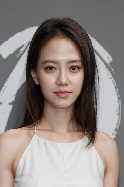 masterpiece, best quality, ultra-detailed, ultra high res, (photorealistic:1.4), raw photo, (realistic:0.2), 8k HDR, realistic lighting, 1girl, solo, looking at viewer, asymmetrical hair, (detailed oily skin), (detailed face), (simple gray background :1.1), (full body:1.2), closed mouth, simple white dress, sleeveless,