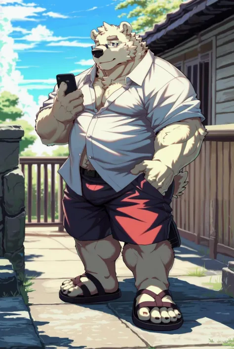 <lora:leib_v2:0.7> leib \(tas\), polar bear, off white fur, off white fluffy short hair, leib \(tas\), bear, mammal, polar bear, ursine, 5 toes, anthro, bottomwear, cellphone, clothing, eyewear, feet, flip flops, foot fetish, footwear, glasses, hindpaw, kemono, male, outside, chubby male, phone, sandals, shirt, shorts, smartphone, solo, toes, topwear, unbuttoned open floral shirt, <lora:nj5furry-v1_toon_nsfw:1.0>