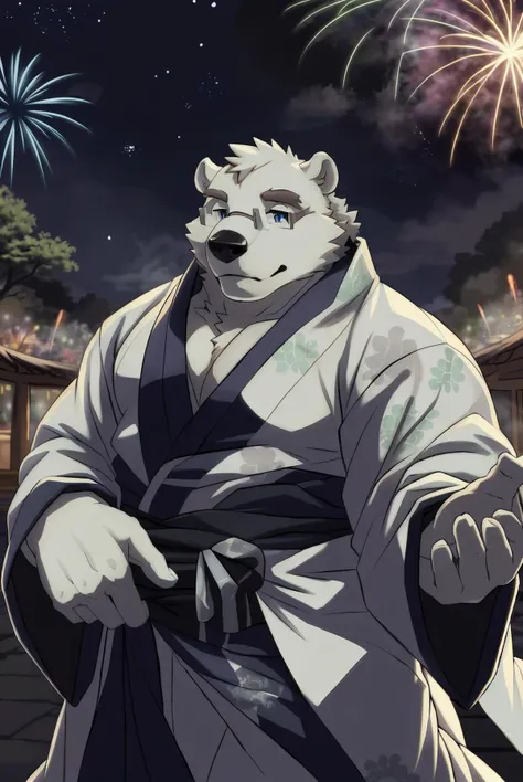 <lora:leib_v2:0.8> leib \(tas\), polar bear, off white fur, off white fluffy short hair, leib \(tas\), off white furrowed brows, asian clothing, blue eyes, blue coat kimono clothing, east asian clothing, eyewear, fur, glasses, humanoid hands, japanese clothing, detailed patterns on kimono, male, chubby, anthro, solo, off white body, festival, fireworks, stars, night, HD, masterpiece, best art, detailed scene, anthros in the backdrop, scenic pov, cinematic, movie scene, studio quality <lora:add_detail:0.2>