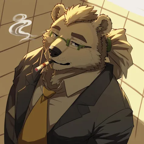 <lora:leib_v2:1> leib \(tas\), ursine, polar bear, off white fur, off white fluffy short hair, lab coat, brown sandals, mammal, anthro, biped, cheek tuft, cigarette, clothed, clothing, eyewear, facial tuft, fur, glasses, grey text, hair, half-closed eyes, head tuft, high-angle view, inner ear fluff, looking at viewer, male, narrowed eyes, necktie, ponytail, shirt, side view, simple background, smoke, smoking, solo, standing, topwear, tuft, detailed background, outside a building, on a sidewalk, by a streetlight, by a japanese shop, busy streets <lora:add_detail:0.5>
<lora:nj5furry-v2_toon_real:1.0>