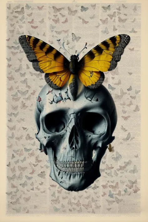 a skull with a butterfly on top of it's head and a butterfly on top of it's head, Dan Hillier, anatomical, poster art, pop surrealism, dictionary_art