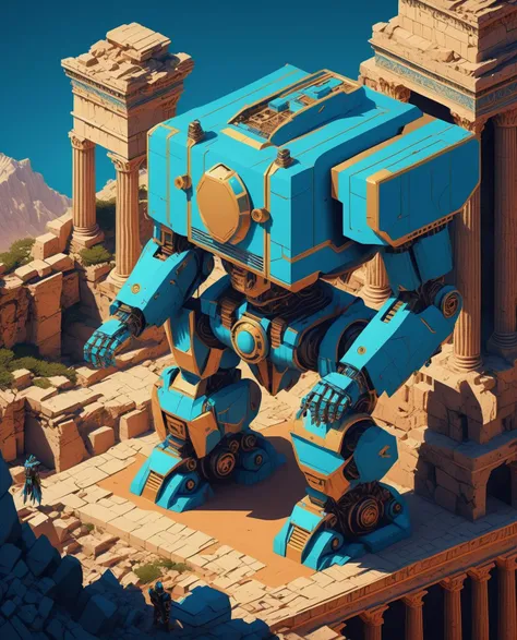 Positive: cinematic photo isometric <lora:IsoPixel_SDXL:1>, a high detailed photograph of a giant tokusatsu robot cyberpunk stonepunk on ancient greece ruins 4k by roger dean and moebius and remedios varo artstation, sharp focus, illustration, highly detailed, digital painting, concept art, matte, art by WLOP and Artgerm and Greg Rutkowski and Alphonse Mucha, masterpiece, isometric style vibrant, beautiful, crisp, detailed, ultra detailed, intricate . 35mm photograph, film, bokeh, professional, 4k, highly detailed