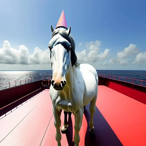 <lora:Viking warrior avatar:1> a horse wearing a party hat standing on the deck of an aircraft carrier