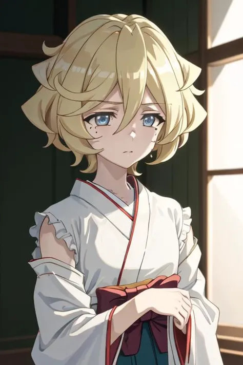 best quality, masterpiece, highres, solo, {white kimono:1.35}, {red hakama:1.35}, {wide sleeves:1.20}, {carol_malus_dienheim_senkizesshousymphogear:1.15}, blonde_hair, blue_eyes, short_hair, mole, mole_under_eye, hair_between_eyes, upper_body, closed_mouth, shiny_hair, anime_coloring, shiny
