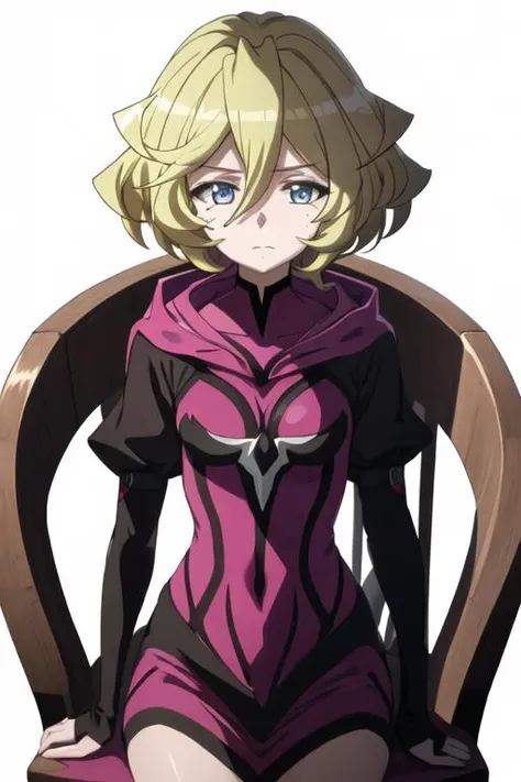 best quality, masterpiece, highres, solo, {carol_malus_dienheim_senkizesshousymphogear:1.15}, blonde_hair, blue_eyes, short_hair, mole, mole_under_eye, hair_between_eyes, upper_body, closed_mouth, shiny_hair, anime_coloring, shiny, 1girl, chair, looking_at_viewer, hood
