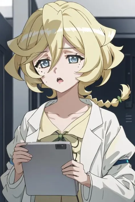 best quality, masterpiece, highres, solo, {carol_malus_dienheim_senkizesshousymphogear:1.15}, blonde_hair, blue_eyes, short_hair, mole, mole_under_eye, hair_between_eyes, upper_body, closed_mouth, shiny_hair, anime_coloring, shiny, 1girl, labcoat, looking_at_viewer, braid, braided_ponytail, collarbone, open_mouth