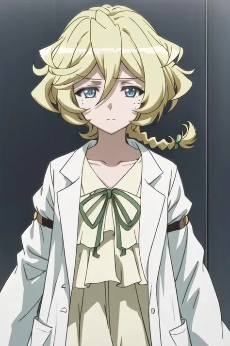 best quality, masterpiece, highres, solo, {carol_malus_dienheim_senkizesshousymphogear:1.15}, blonde_hair, blue_eyes, short_hair, mole, mole_under_eye, hair_between_eyes, upper_body, closed_mouth, shiny_hair, anime_coloring, shiny, 1girl, labcoat, ribbon, braid, braided_ponytail, neck_ribbon, collarbone, shirt