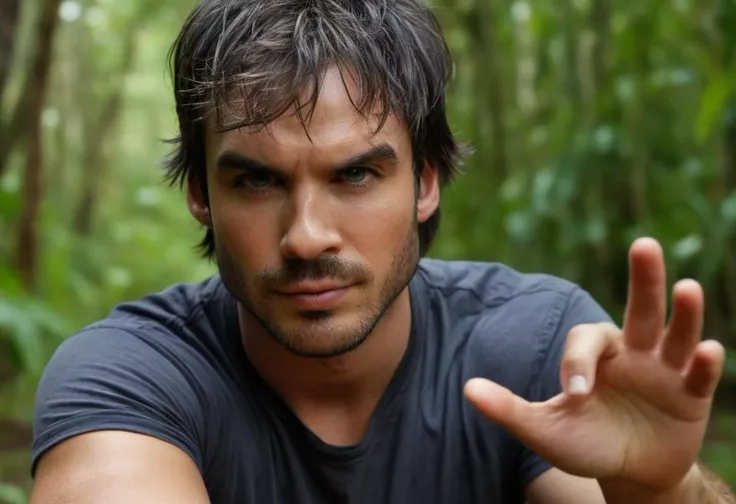 cinematic film still closeup,Ian somerhalder in the Hawaiian jungle,perfect hands,perfect eyes,high quality photography,cinematic composition,film grain,mirrorless camera,4k textures,4k resolution,<lora:ian_somerhalder_v1_sdxl_1800_lora_f32:1>,