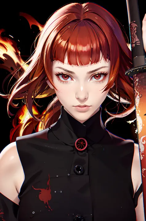 1girl,red hair, flaming eye, katana, flames, burning houses, glowing, sidelighting, wallpaper, (microbangs:1.3) <lora:microbangs_70sd:1>