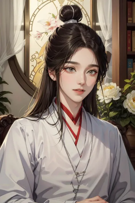 (Masterpiece:1.4), (best quality:1.2), <lora:xie_lian-000012:1>, xie lian, 1boy, male focus, chinese clothes, hair bun, bishounen