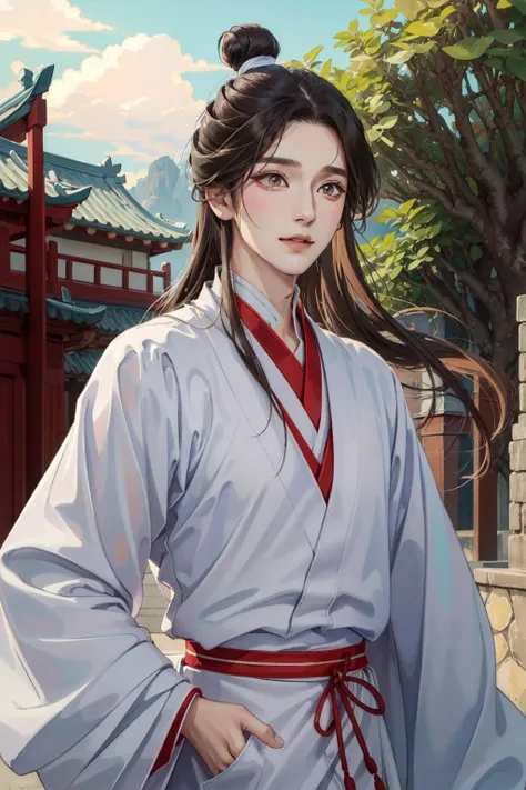 (Masterpiece:1.4), (best quality:1.2), <lora:xie_lian-000012:1>, xie lian, 1boy, male focus, chinese clothes, hair bun, bishounen