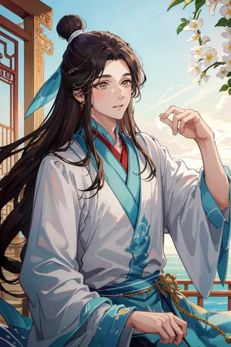 (Masterpiece:1.4), (best quality:1.2), <lora:xie_lian-000012:1>, xie lian, 1boy, male focus, chinese clothes, hair bun, bishounen