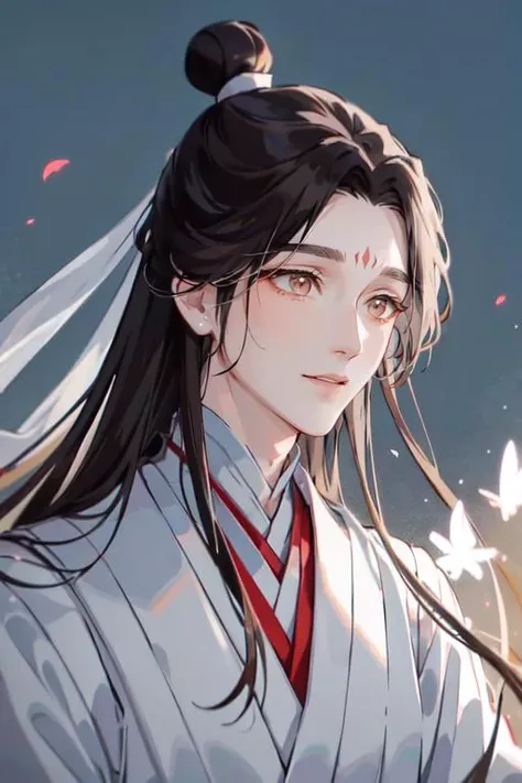 <lora:xie_lian_AhriMain:1>, xie lian, 1boy, solo, handsome, male focus, chinese clothes, hair bun, upper body, closeup portrait, falling petals, white butterflies, night, outdoors, masterpiece, best quality