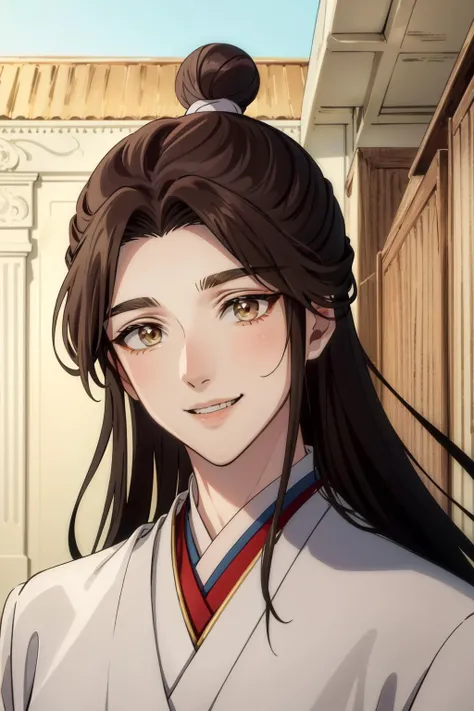(Masterpiece:1.4), (best quality:1.2), <lora:xie_lian-000012:1>, xie lian, 1boy, male focus, chinese clothes, hair bun, bishounen, smile