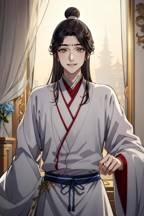 (Masterpiece:1.4), (best quality:1.2), <lora:xie_lian-000012:1>, xie lian, 1boy, male focus, chinese clothes, hair bun, bishounen, smile