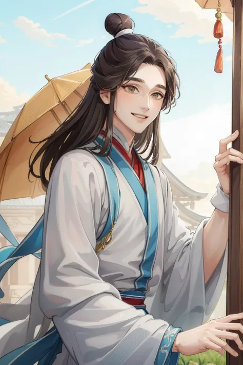 (Masterpiece:1.4), (best quality:1.2), <lora:xie_lian-000012:1>, xie lian, 1boy, male focus, chinese clothes, hair bun, bishounen, smile, upper body