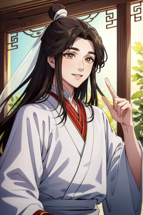 (Masterpiece:1.4), (best quality:1.2), <lora:xie_lian-000012:1>, xie lian, 1boy, male focus, chinese clothes, hair bun, bishounen, smile
