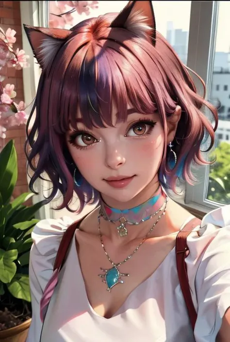 (full body, extreme long shot), 8k uhd, (masterpiece:1.3), best quality, photorealistic, ultra detailed, hdr, colorful, bokeh, multiple girls, beautiful, cleavage, looking at viewer, blush, choker, diamond gem earrings, indoors, potted plants, desk, window, elbow gloves, cat ears, <lora:kyarypamyupamyu_lora:1>, kyary, upper body, close up, short hair, curly hair, multicolored hair, frills,