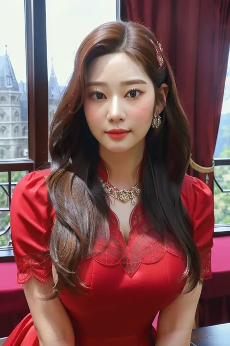 a kimminju, perfect eyes, red dress, window, book, table, (ultra realistic:1.8), (standing in castle room:1.1), (close-up photo:1.4), (masterpiece:1.5), (intricate:1.5), (looking at camera:1.5), (best quality:1.5), <lora:kim-minju-23-v1:1>
