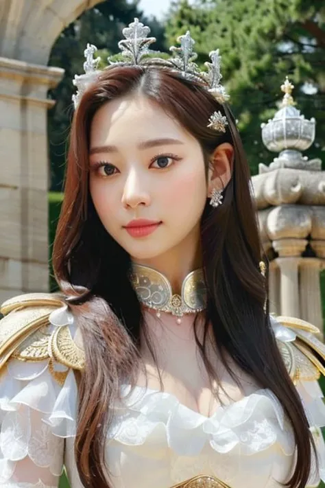 a kimminju, perfect eyes, royal dress, angel wings, crown, (ultra realistic:1.5), (standing on castle garden:1.2), (close-up photo:1.4), (masterpiece:1.5), (intricate:1.5), (looking at camera:1.5), (best quality:1.5), <lora:kim-minju-23-v1:1>