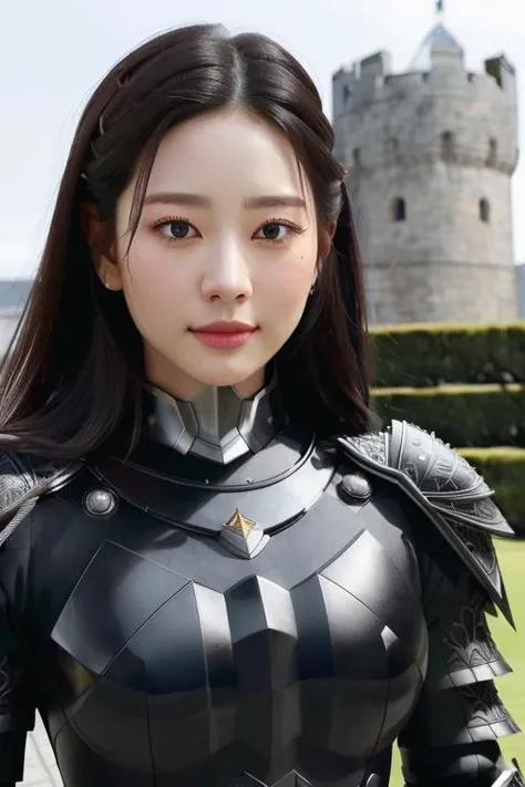 a kimminju, perfect eyes, (ultra realistic:1.5), (standing on castle garden:1.2), (close-up photo:1.5), (black paladin armor:1.2), (intricate:1.2), (looking at camera:1.2), (best quality:1.2), <lora:kim-minju-23-v1:1>