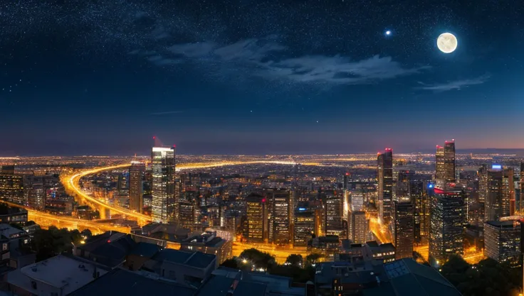 (masterpiece, best quality), no humans, panorama, night, night sky, full moon, starry sky, shooting star, city, cityscape, city lights, building, skyscraper,