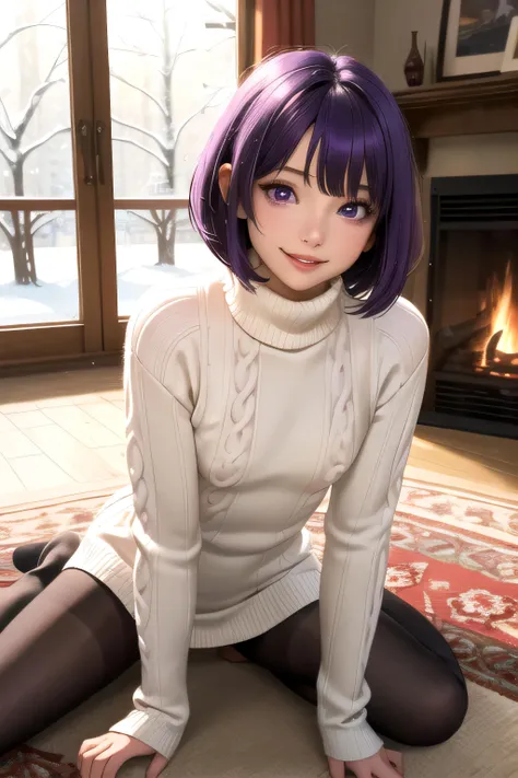 (masterpiece, best quality), 1girl, solo, purple hair, short hair, inverted bob, purple eyes, small breasts, narrow waist, long eyelashes, living room, fireplace, window, winter, snow, sitting, on floor, carpet, sweater dress, turtleneck, pantyhose, no shoes,, happy, smile, portrait, looking at viewer, parted lips, cushion, sexually suggestive