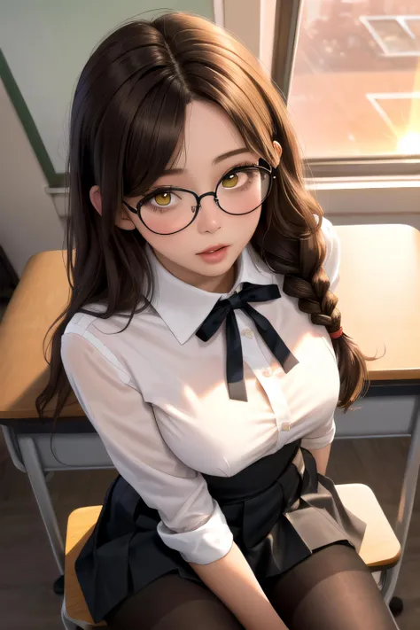 (masterpiece, best quality), solo, mature female, brown hair, low-braided long hair, wavy hair, yellow eyes, parted bangs, sidelocks, large sagging breasts, long eyelashes, black-framed round eyewear, teacher, classroom, sunset, orange sky, sitting, on desk, from above, white collared shirt, black neck ribbon, black high-waist skirt, naughty face, parted lips, looking at viewer, sexually suggestive, black pantyhose, portrait